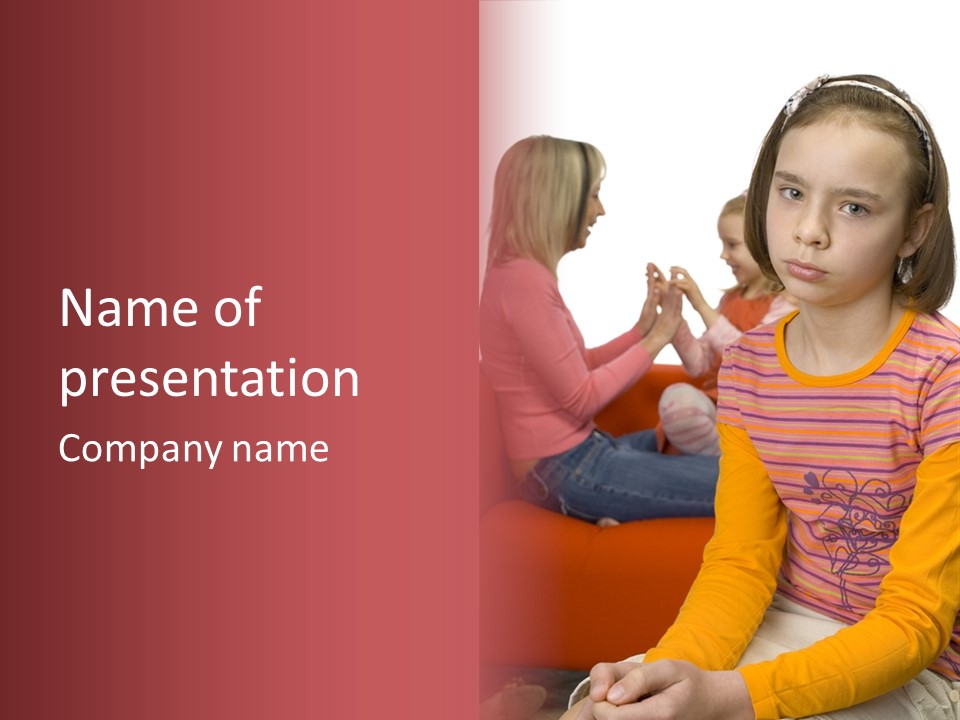 Sad 10-12Yo Girl. Focus On Her Face. There Are Her Mother And Younger Sister Behind Her. Girl's Feeling Rejected And Alone. PowerPoint Template