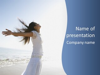 Young Asian Female At Beach Throwing Her Arms Back Behind Her. PowerPoint Template