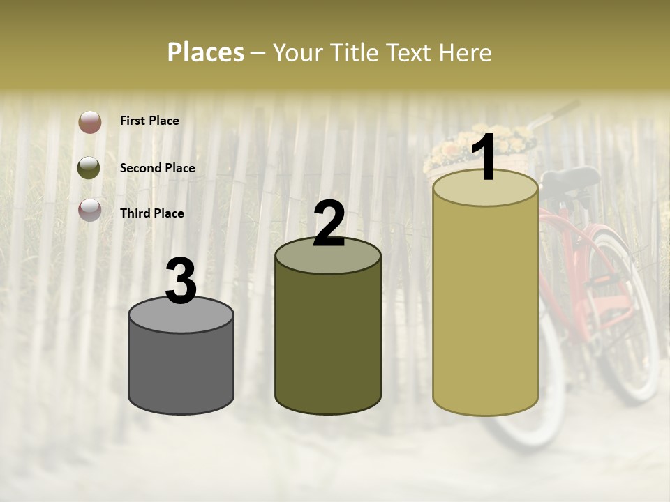 Red Vintage Bicycle With Basket And Flowers Leaning Against Wooden Fence At Beach. PowerPoint Template