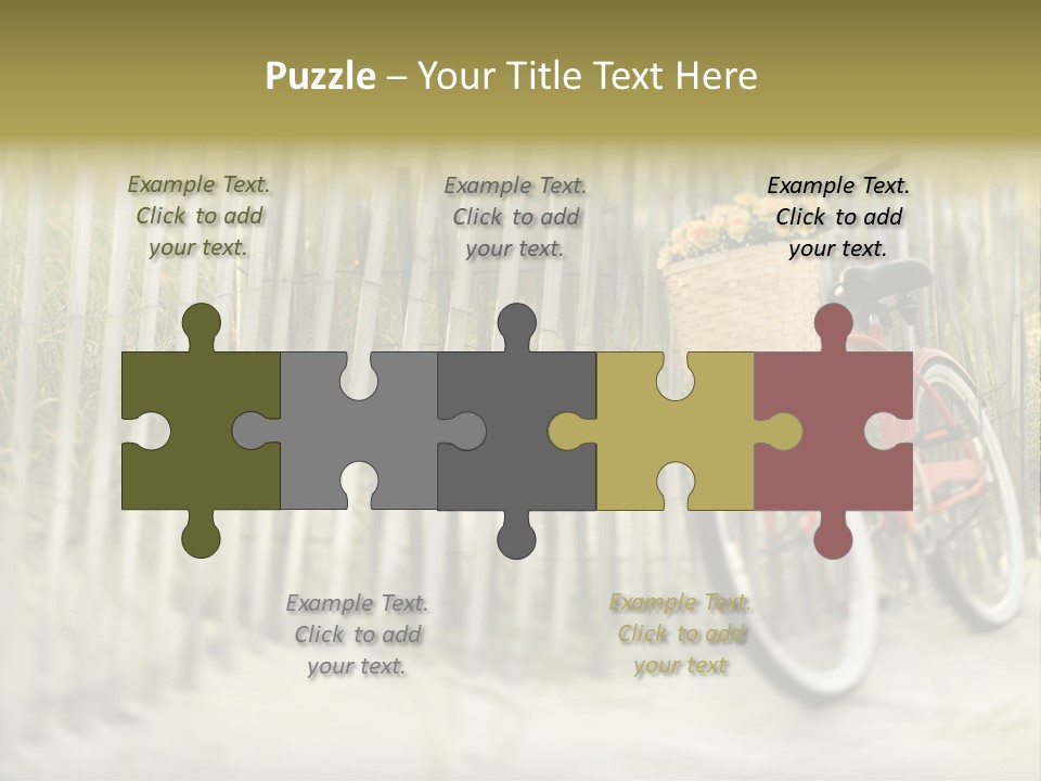 Red Vintage Bicycle With Basket And Flowers Leaning Against Wooden Fence At Beach. PowerPoint Template