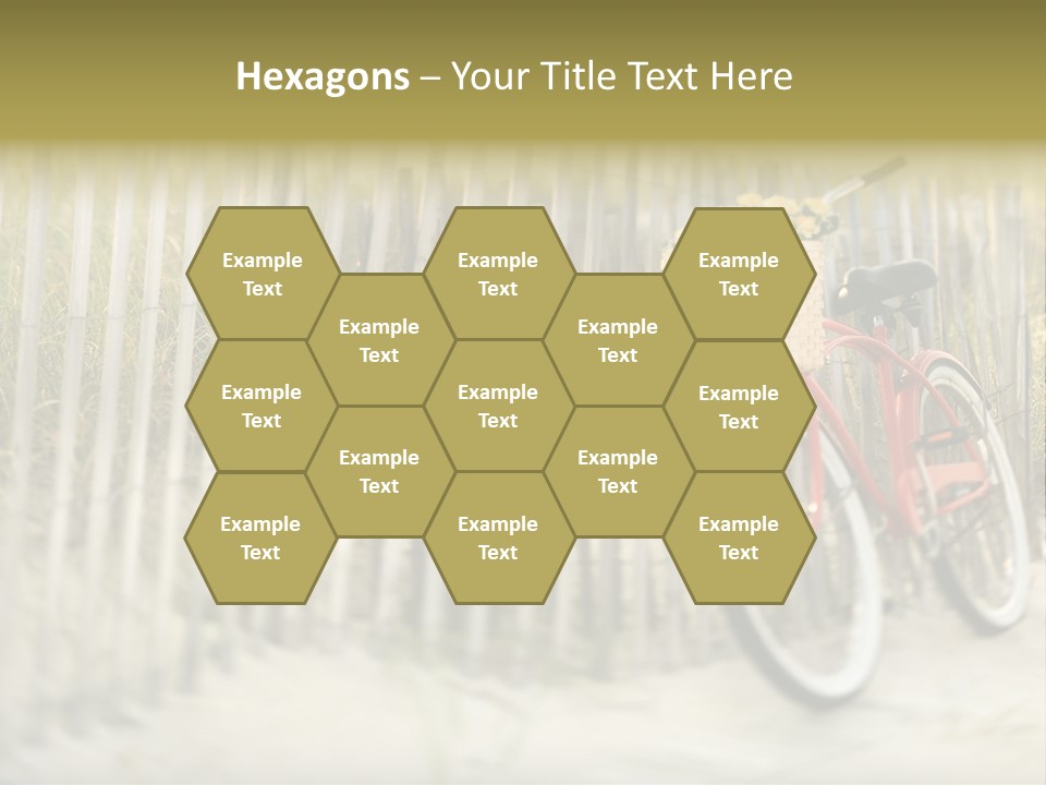 Red Vintage Bicycle With Basket And Flowers Leaning Against Wooden Fence At Beach. PowerPoint Template