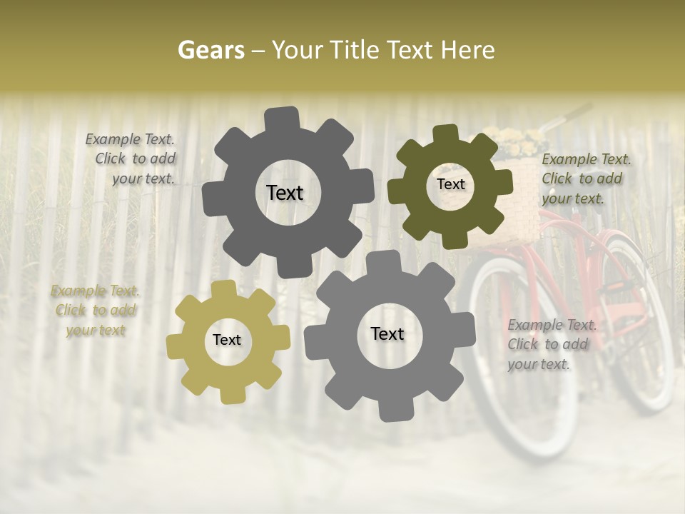 Red Vintage Bicycle With Basket And Flowers Leaning Against Wooden Fence At Beach. PowerPoint Template