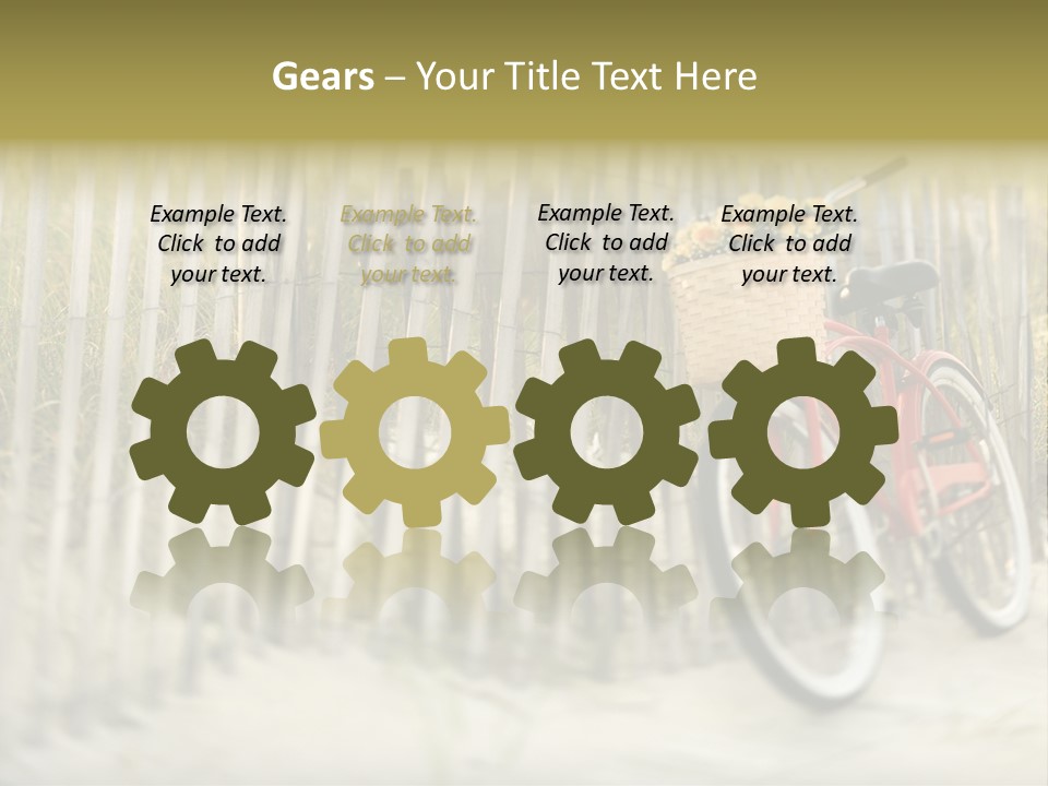 Red Vintage Bicycle With Basket And Flowers Leaning Against Wooden Fence At Beach. PowerPoint Template