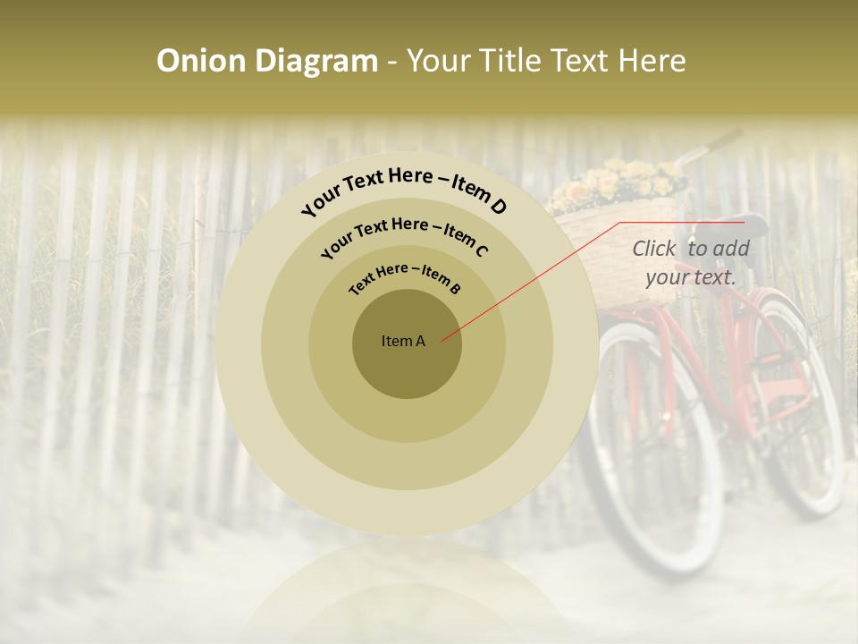 Red Vintage Bicycle With Basket And Flowers Leaning Against Wooden Fence At Beach. PowerPoint Template