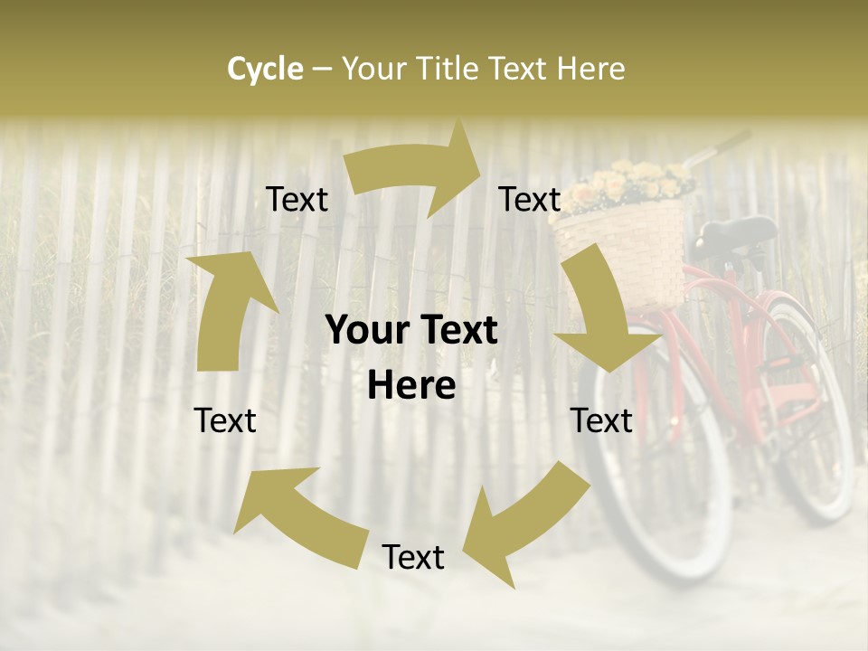 Red Vintage Bicycle With Basket And Flowers Leaning Against Wooden Fence At Beach. PowerPoint Template