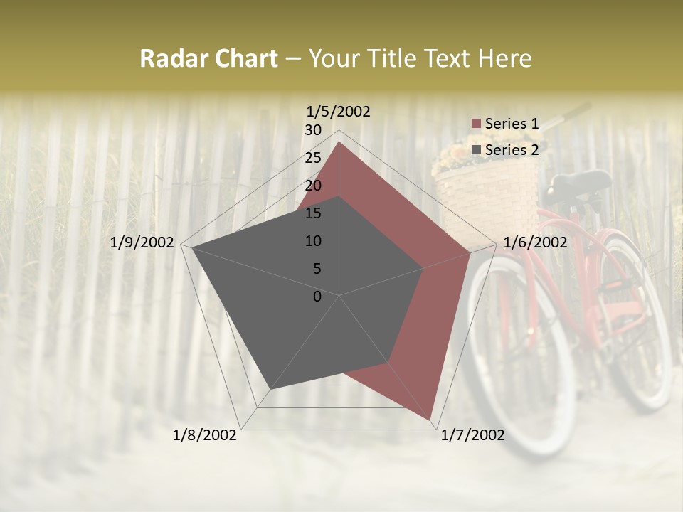Red Vintage Bicycle With Basket And Flowers Leaning Against Wooden Fence At Beach. PowerPoint Template