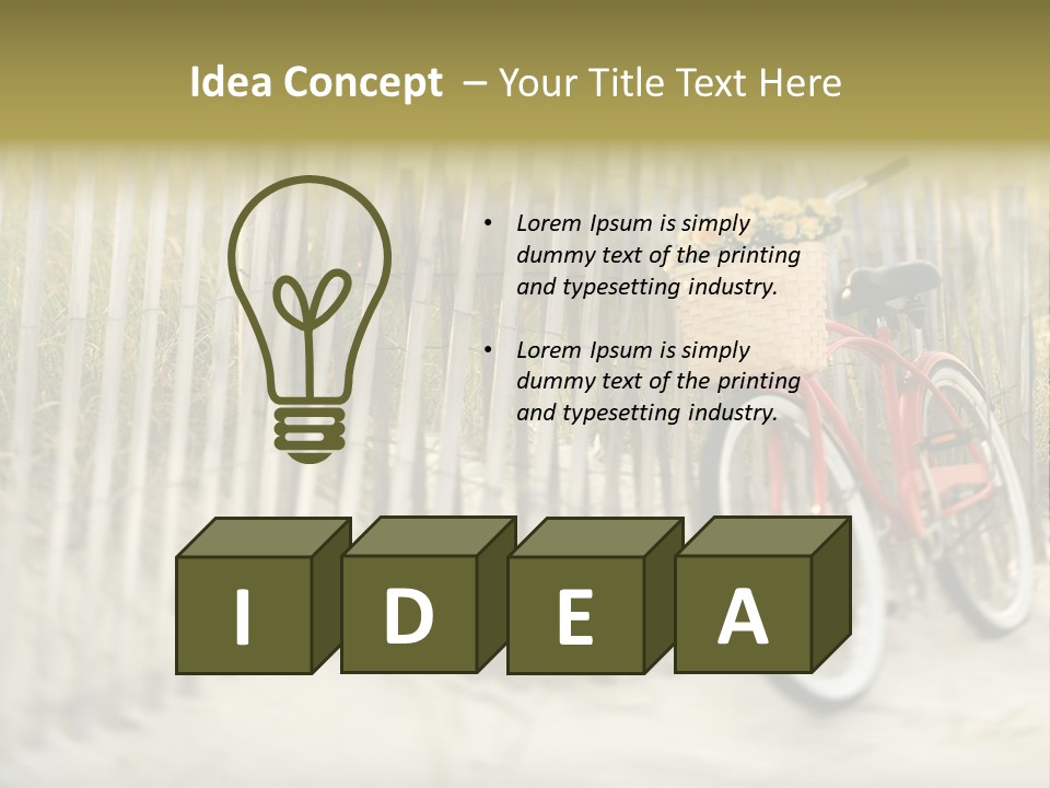 Red Vintage Bicycle With Basket And Flowers Leaning Against Wooden Fence At Beach. PowerPoint Template