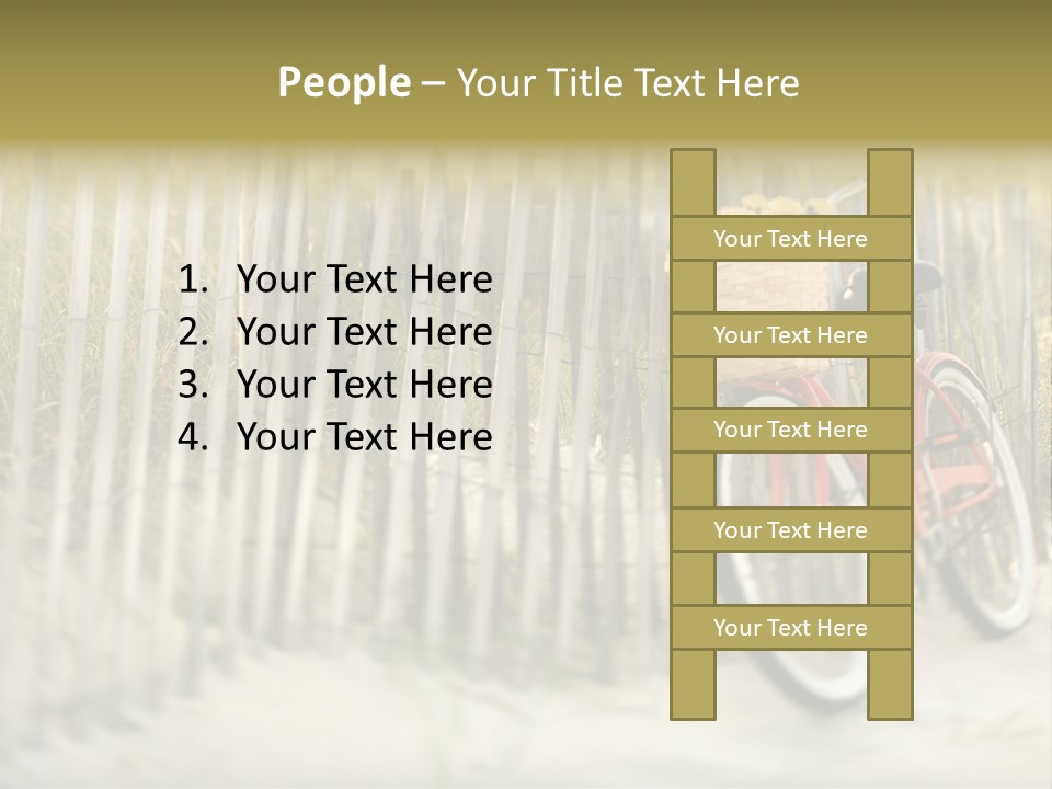 Red Vintage Bicycle With Basket And Flowers Leaning Against Wooden Fence At Beach. PowerPoint Template