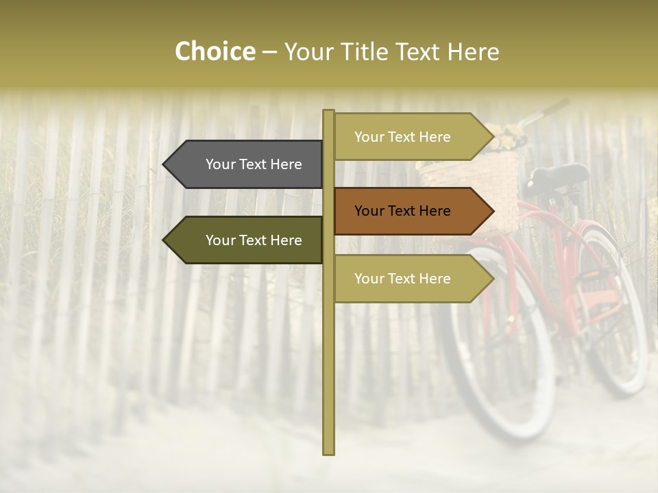 Red Vintage Bicycle With Basket And Flowers Leaning Against Wooden Fence At Beach. PowerPoint Template