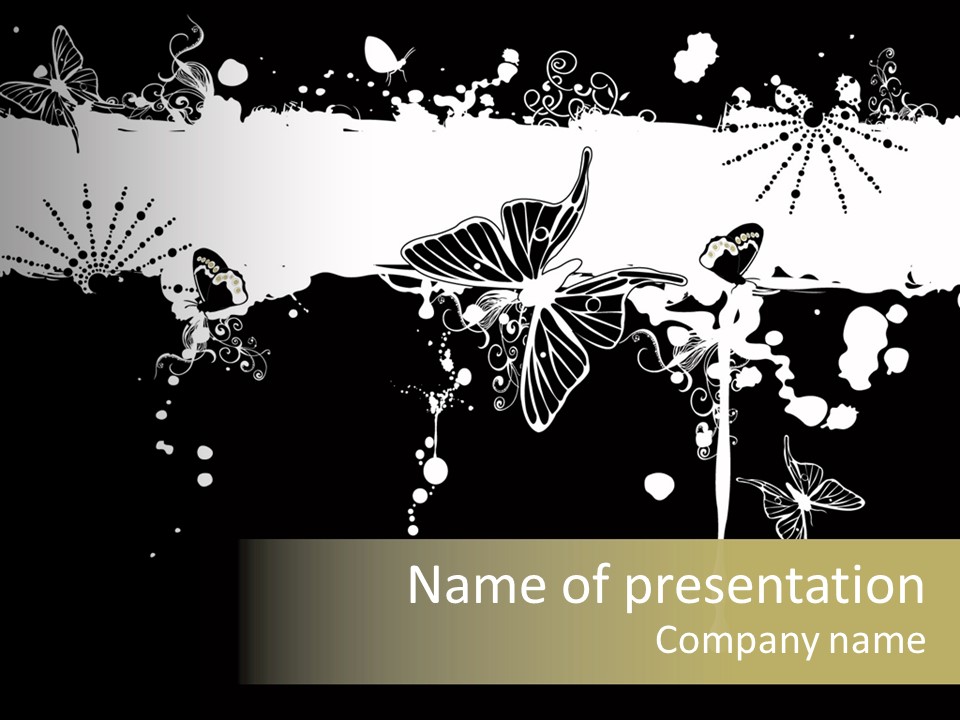 A Black And White Background With Flowers And Butterflies PowerPoint Template