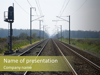 Railway Shot With Overhear Cables And Side Lights. Centered Vanishing Point Perspective PowerPoint Template