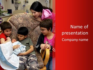 Kids Admiring Their Newborn Brother And Cousin At The Birthing Center. PowerPoint Template