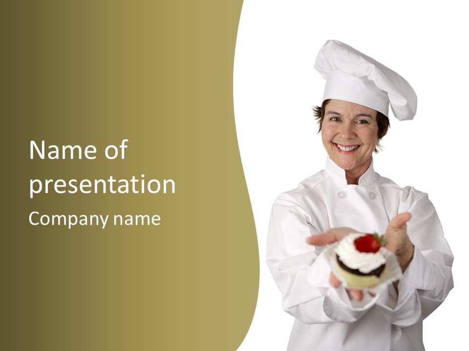 A Friendly Happy Looking Pastry Chef Holding A Dessert She Just Made. Isolated On White. PowerPoint Template