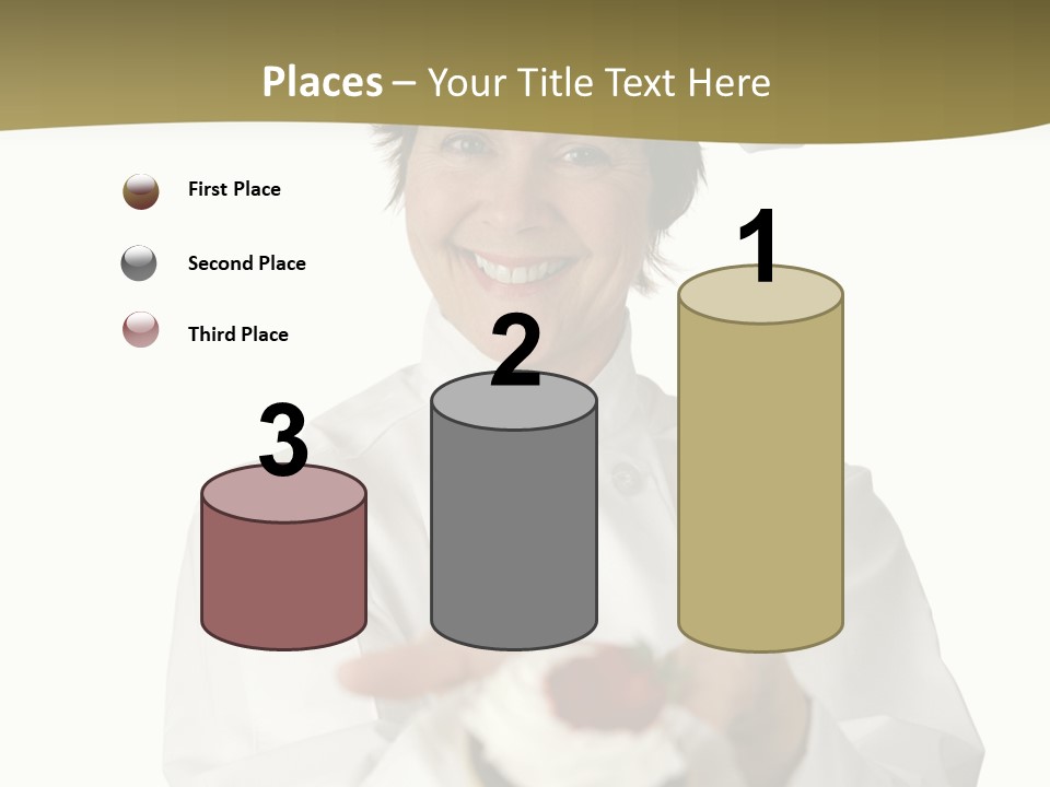 A Friendly Happy Looking Pastry Chef Holding A Dessert She Just Made. Isolated On White. PowerPoint Template