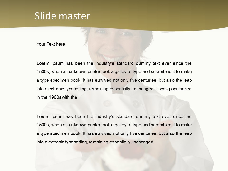 A Friendly Happy Looking Pastry Chef Holding A Dessert She Just Made. Isolated On White. PowerPoint Template