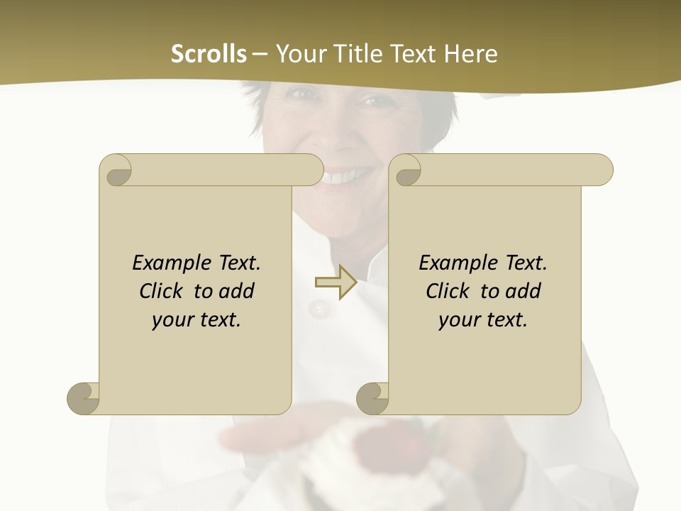 A Friendly Happy Looking Pastry Chef Holding A Dessert She Just Made. Isolated On White. PowerPoint Template