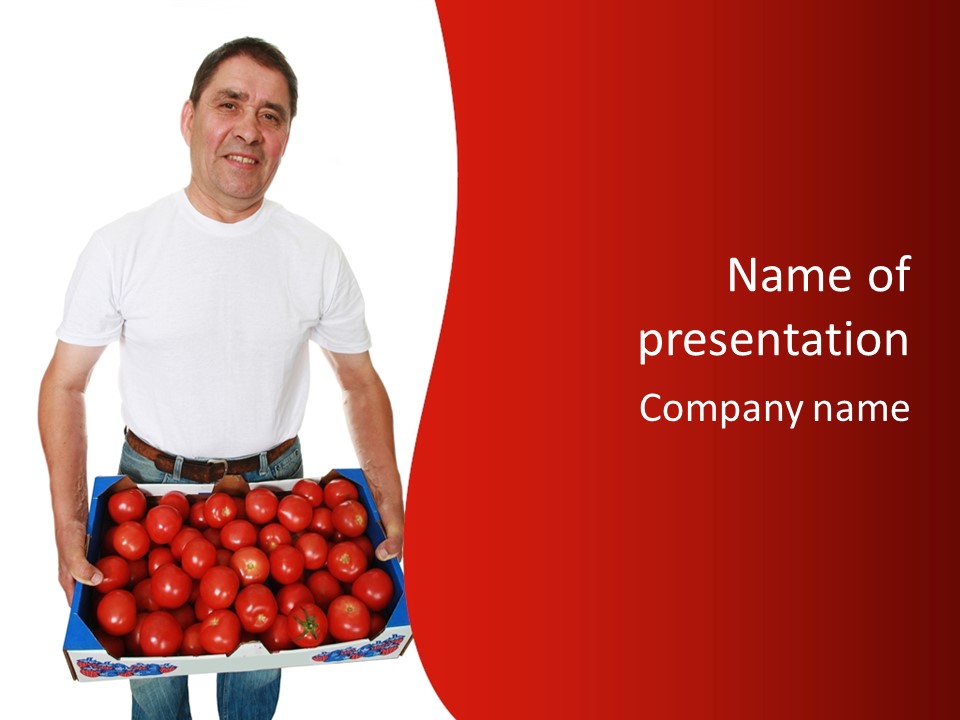 Delivery Man With Box Of Fresh Tomatoes Isolated On White. PowerPoint Template