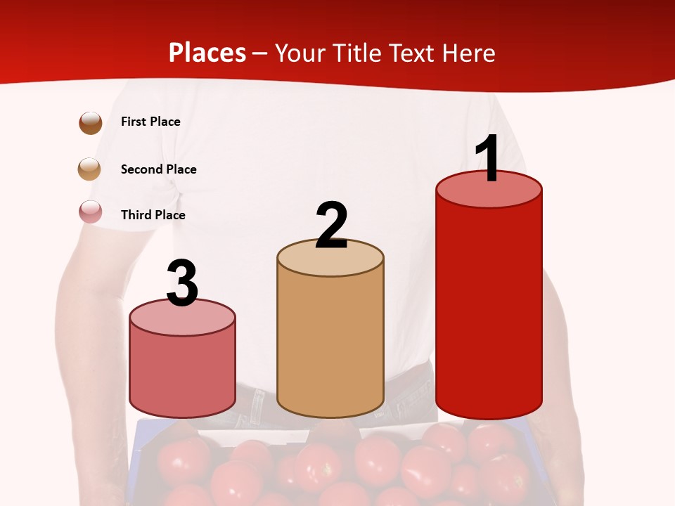 Delivery Man With Box Of Fresh Tomatoes Isolated On White. PowerPoint Template