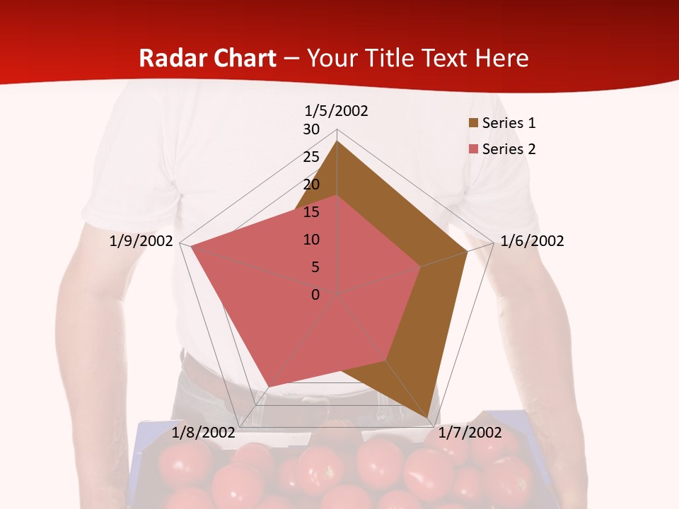 Delivery Man With Box Of Fresh Tomatoes Isolated On White. PowerPoint Template