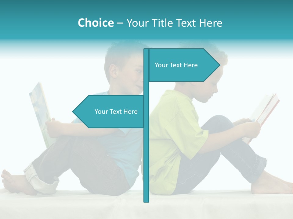 Two Friends Reading A Book, One Boy Looks At The Book Of The Other, Laughing. PowerPoint Template