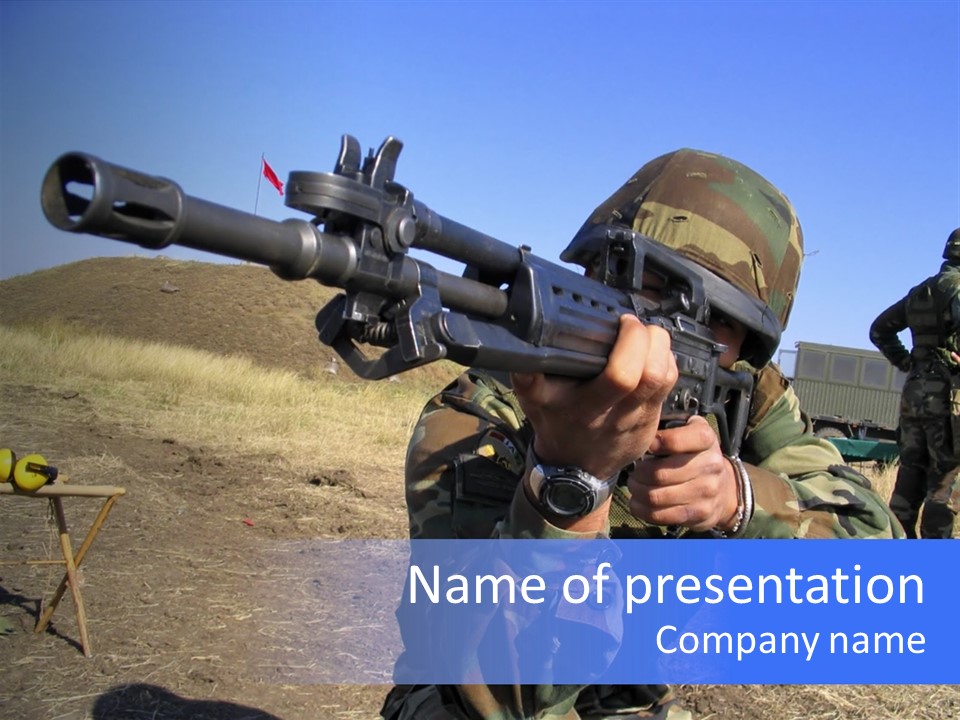 Real Camouflaged Soldier Aiming. PowerPoint Template