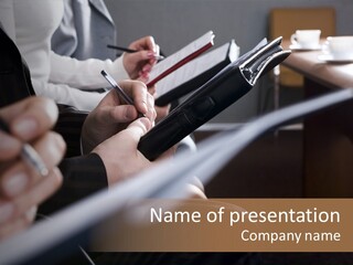 Row Of Hands Filling In A Form PowerPoint Template