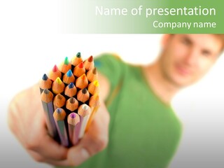 Guy Suggests And Holds Set Of Color Pencils In Hand On White Background; Close Up PowerPoint Template