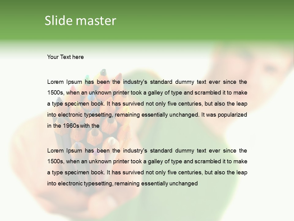 Guy Suggests And Holds Set Of Color Pencils In Hand On White Background; Close Up PowerPoint Template