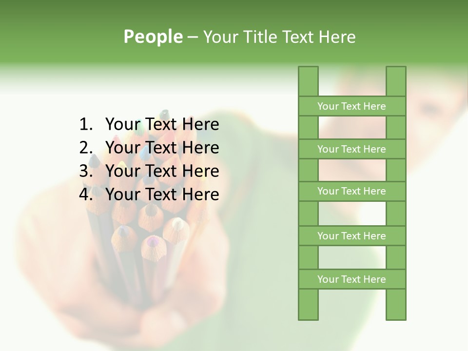 Guy Suggests And Holds Set Of Color Pencils In Hand On White Background; Close Up PowerPoint Template