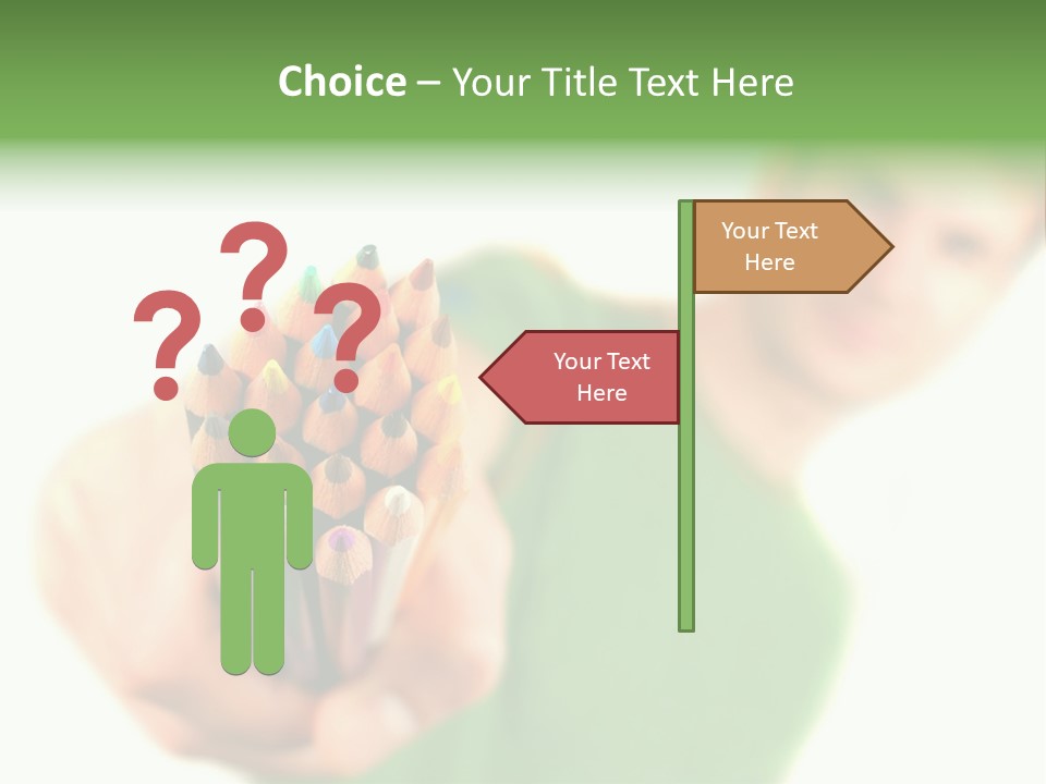 Guy Suggests And Holds Set Of Color Pencils In Hand On White Background; Close Up PowerPoint Template