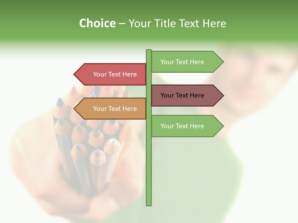 Guy Suggests And Holds Set Of Color Pencils In Hand On White Background; Close Up PowerPoint Template