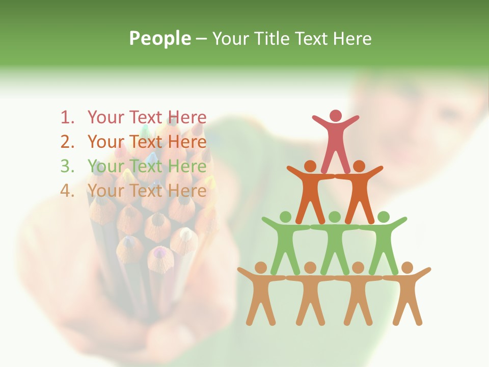 Guy Suggests And Holds Set Of Color Pencils In Hand On White Background; Close Up PowerPoint Template