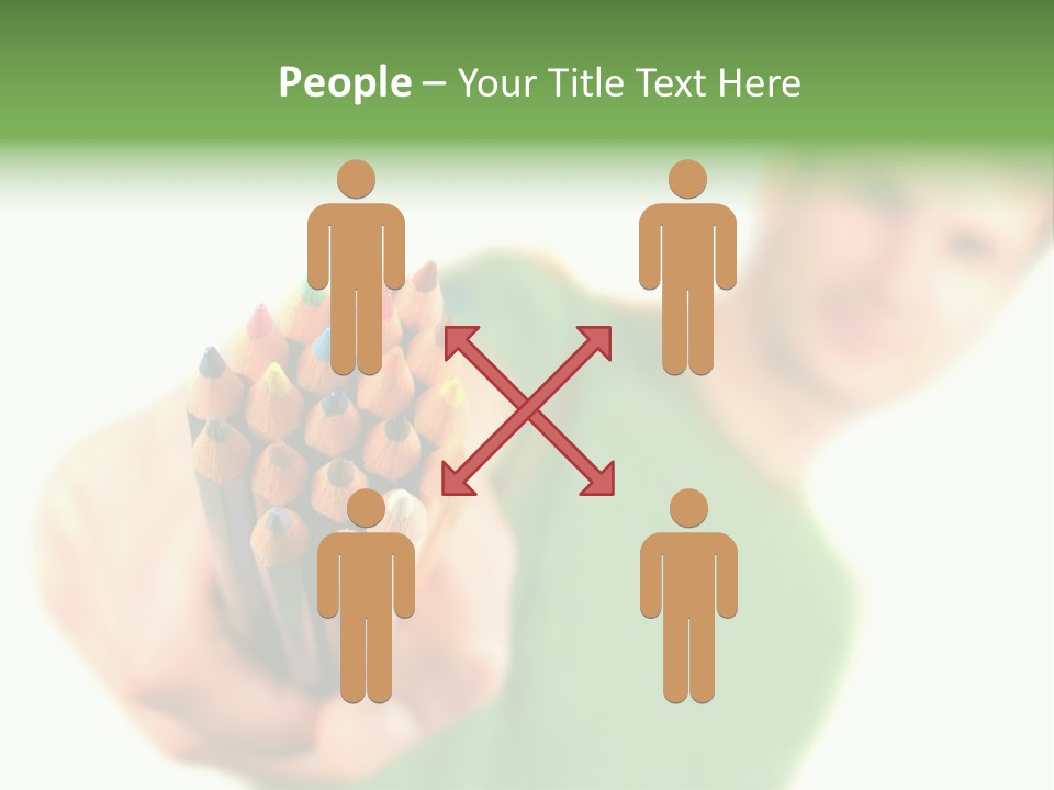 Guy Suggests And Holds Set Of Color Pencils In Hand On White Background; Close Up PowerPoint Template