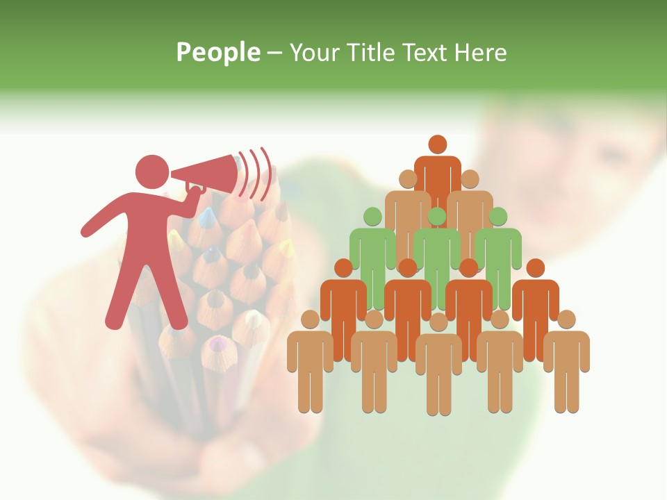 Guy Suggests And Holds Set Of Color Pencils In Hand On White Background; Close Up PowerPoint Template