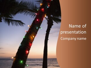 Festive Colored Lights Wrapped Around Trunk Of Palm Tree At Beach At Sunset. PowerPoint Template