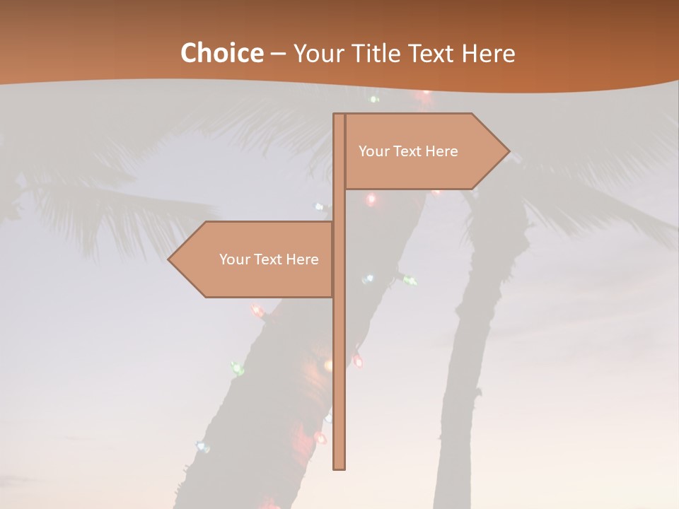 Festive Colored Lights Wrapped Around Trunk Of Palm Tree At Beach At Sunset. PowerPoint Template