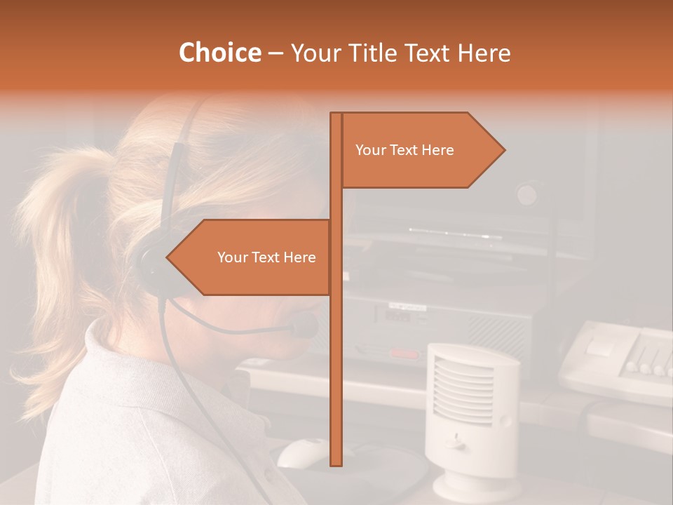 A Woman With A Headset Is Sitting In Front Of A Computer PowerPoint Template