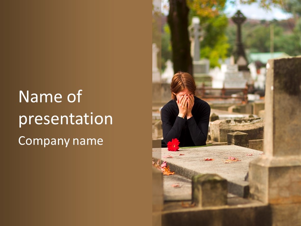 Woman Laying Flower On Grave In Cemetery PowerPoint Template