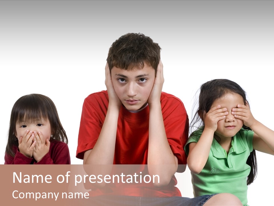 Three Children Do The Old Proverb See No Evil, Speak No Evil, See No Evil. PowerPoint Template