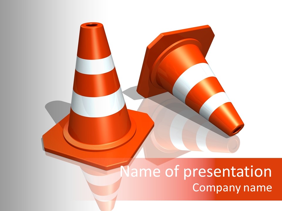 Traffic Cones Over White Reflective Background PowerPoint Template