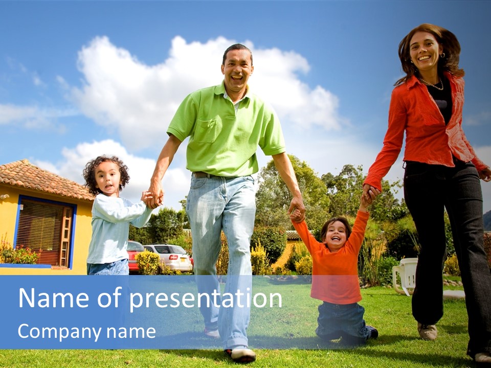 A Family Holding Hands In Front Of A House PowerPoint Template