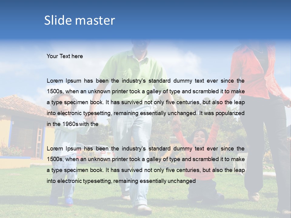 A Family Holding Hands In Front Of A House PowerPoint Template