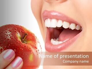 Beautiful Young Woman Eating An Apple. Isolated Over White PowerPoint Template