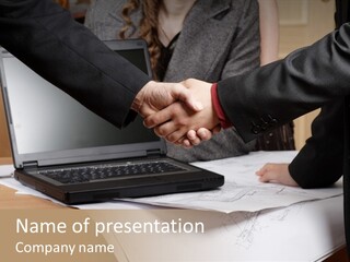 Two People Shaking Hands Over A Laptop Computer PowerPoint Template