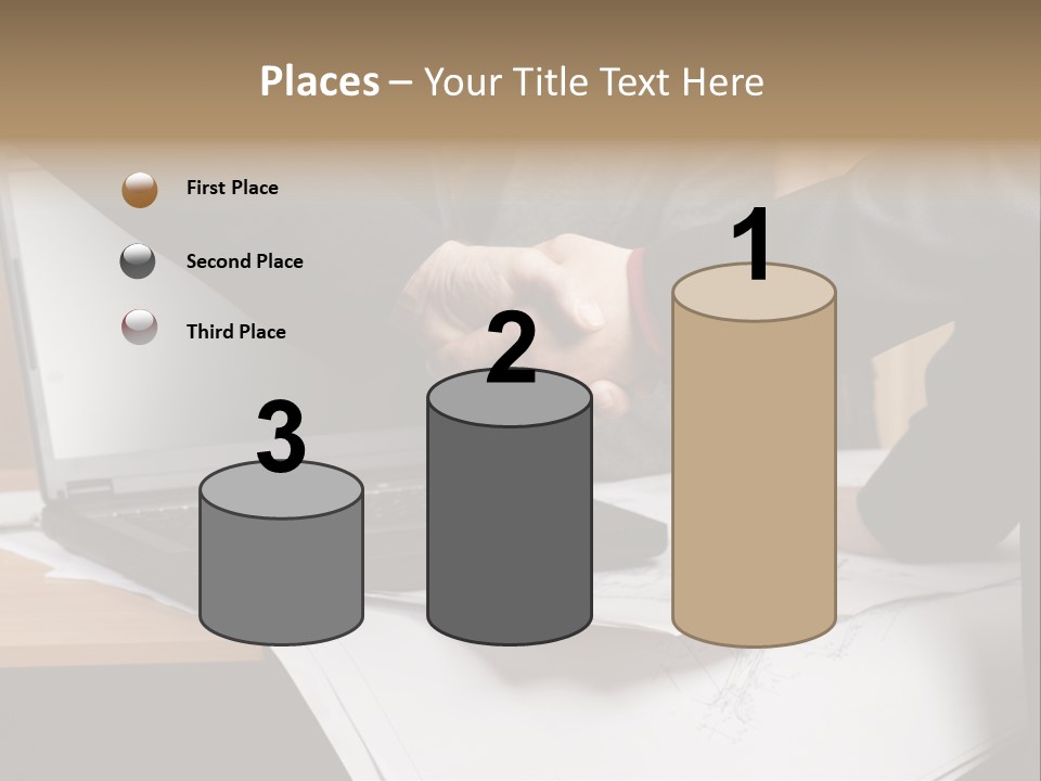 Two People Shaking Hands Over A Laptop Computer PowerPoint Template