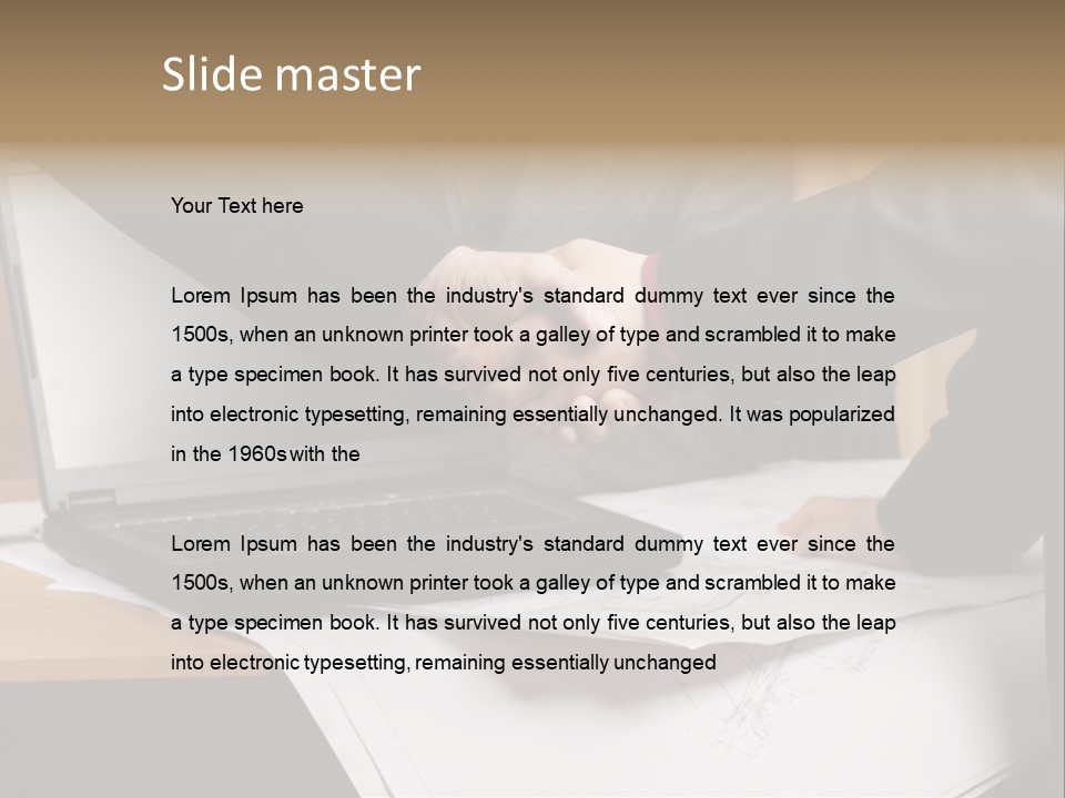 Two People Shaking Hands Over A Laptop Computer PowerPoint Template