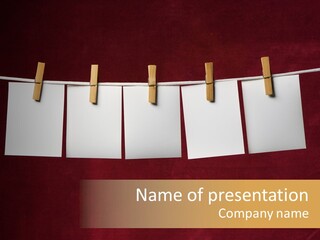 Five White Slip Of Paper Attach To Rope Clothes Peg On Red PowerPoint Template