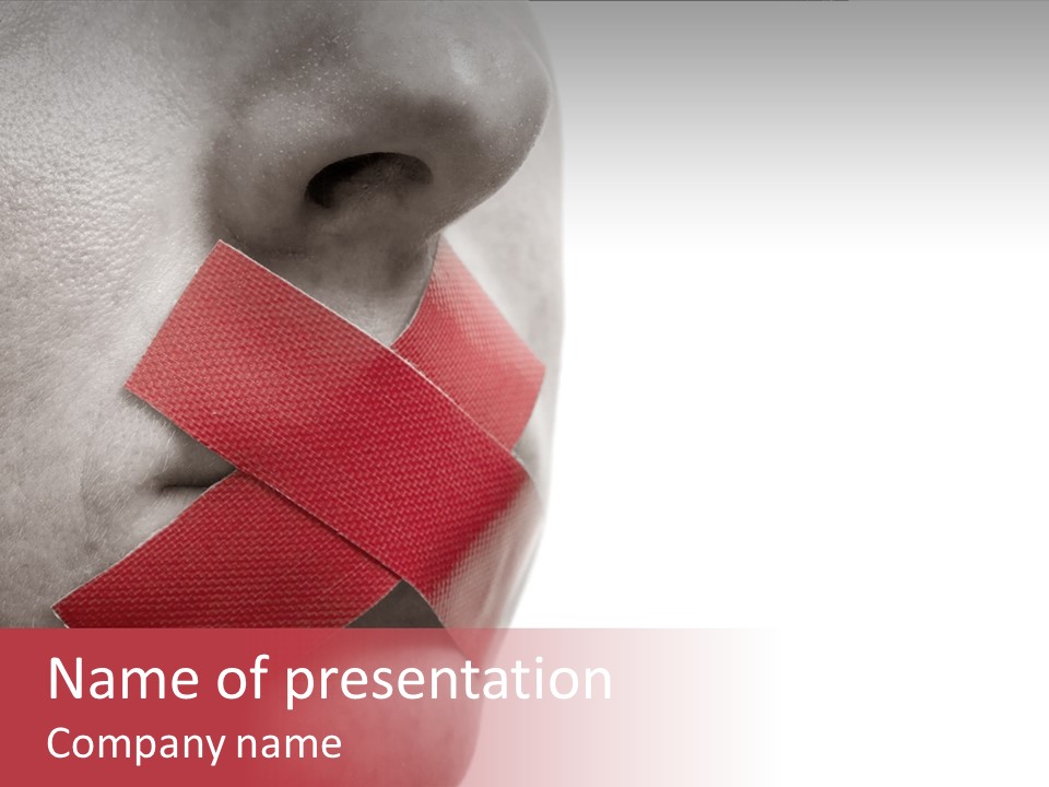 Censored Woman With Red Tape On Mouth. Colorkey, Face Toned. Isolated On White. PowerPoint Template