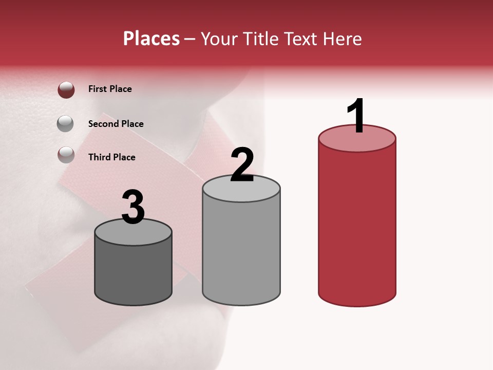 Censored Woman With Red Tape On Mouth. Colorkey, Face Toned. Isolated On White. PowerPoint Template