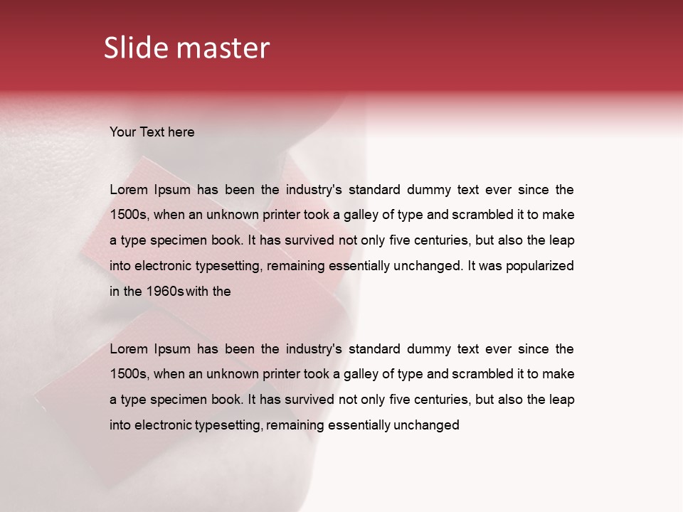 Censored Woman With Red Tape On Mouth. Colorkey, Face Toned. Isolated On White. PowerPoint Template